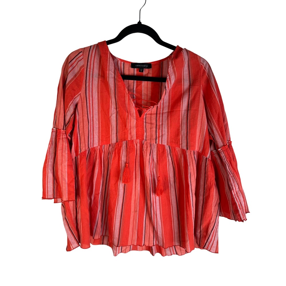 Sanctuary Boho Red Striped Lace Up Tassel Bell Sleeve Babydoll Top Size Medium